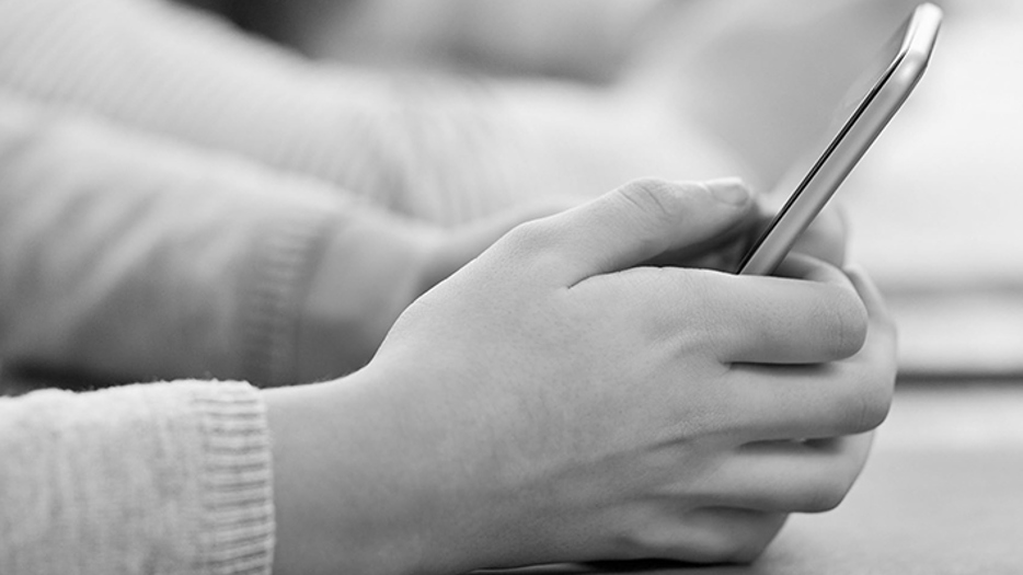 Hands of young person holding a cell phone.
